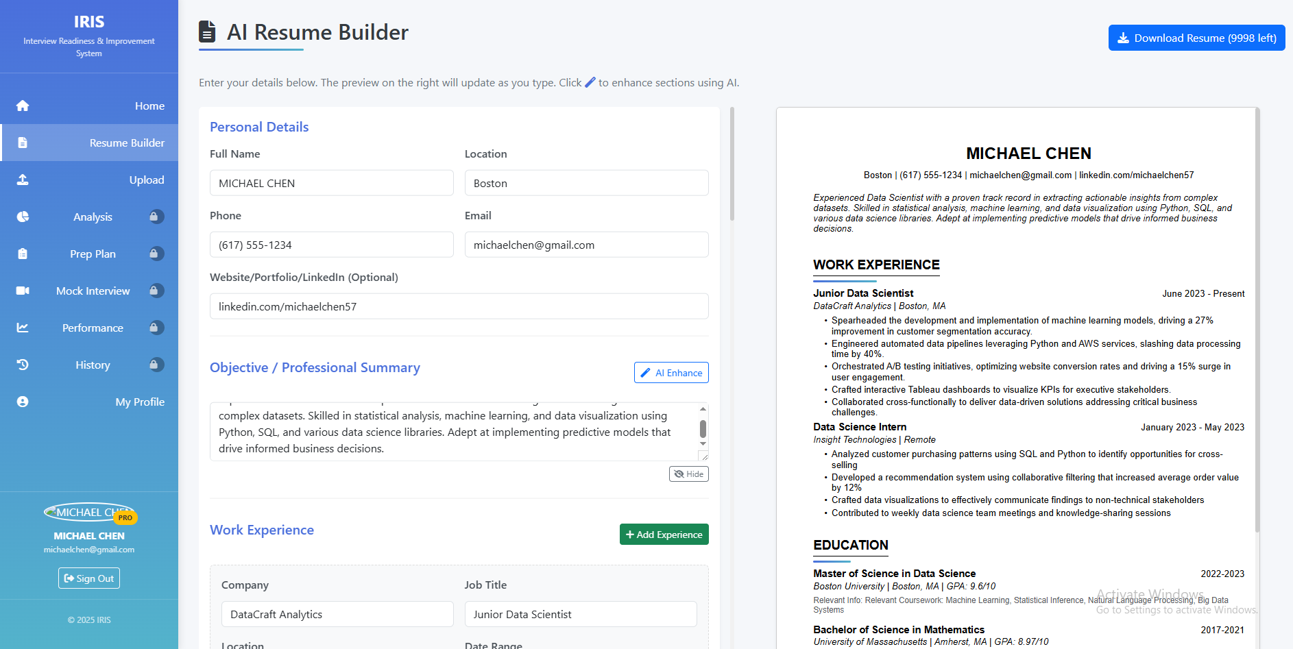 AI Resume Builder Interface